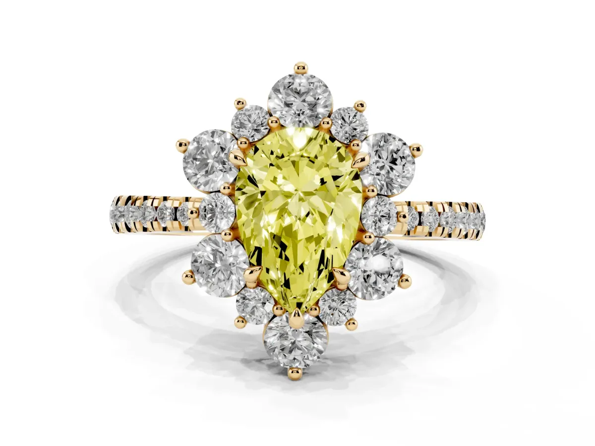 Fancy Yellow Pear Cut Diamond Floral Halo Ring with Round Pavé Band and Prong Setting Yellow gold