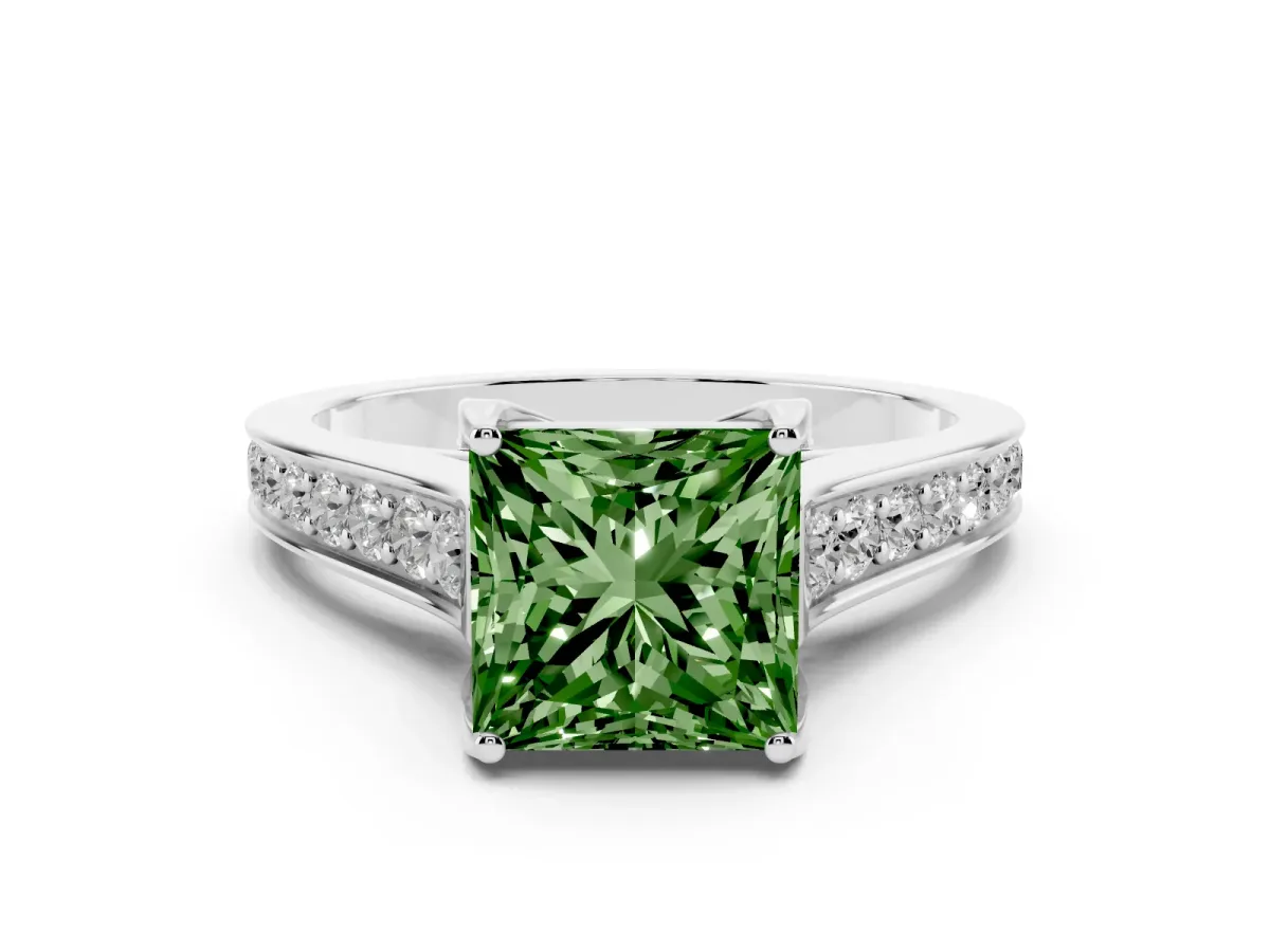 Fancy Green Princess Cut Brilliant Cut Diamond Engagement Ring with Pavé Band and Four-Prong Setting Silver