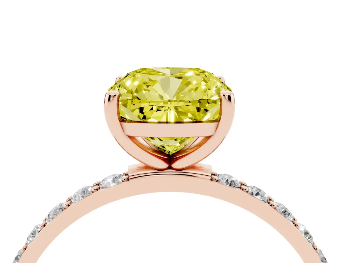Fancy Yellow Cushion Cut Diamond Solitaire Ring with Round Pavé Shoulders and Prong Setting Rose gold