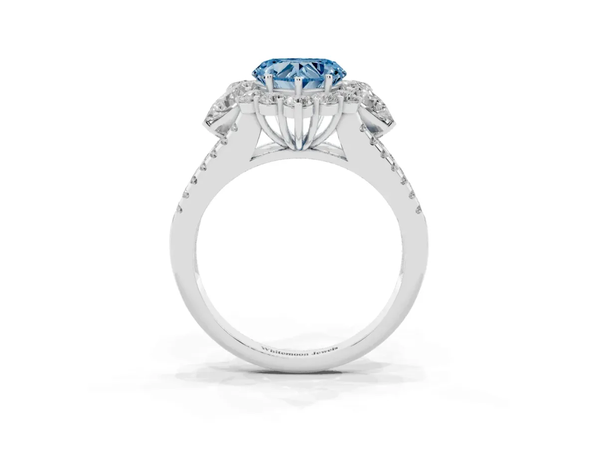 Fancy Blue Heart Cut Halo Split Shank Diamond Engagement Ring with Prong Setting Silver