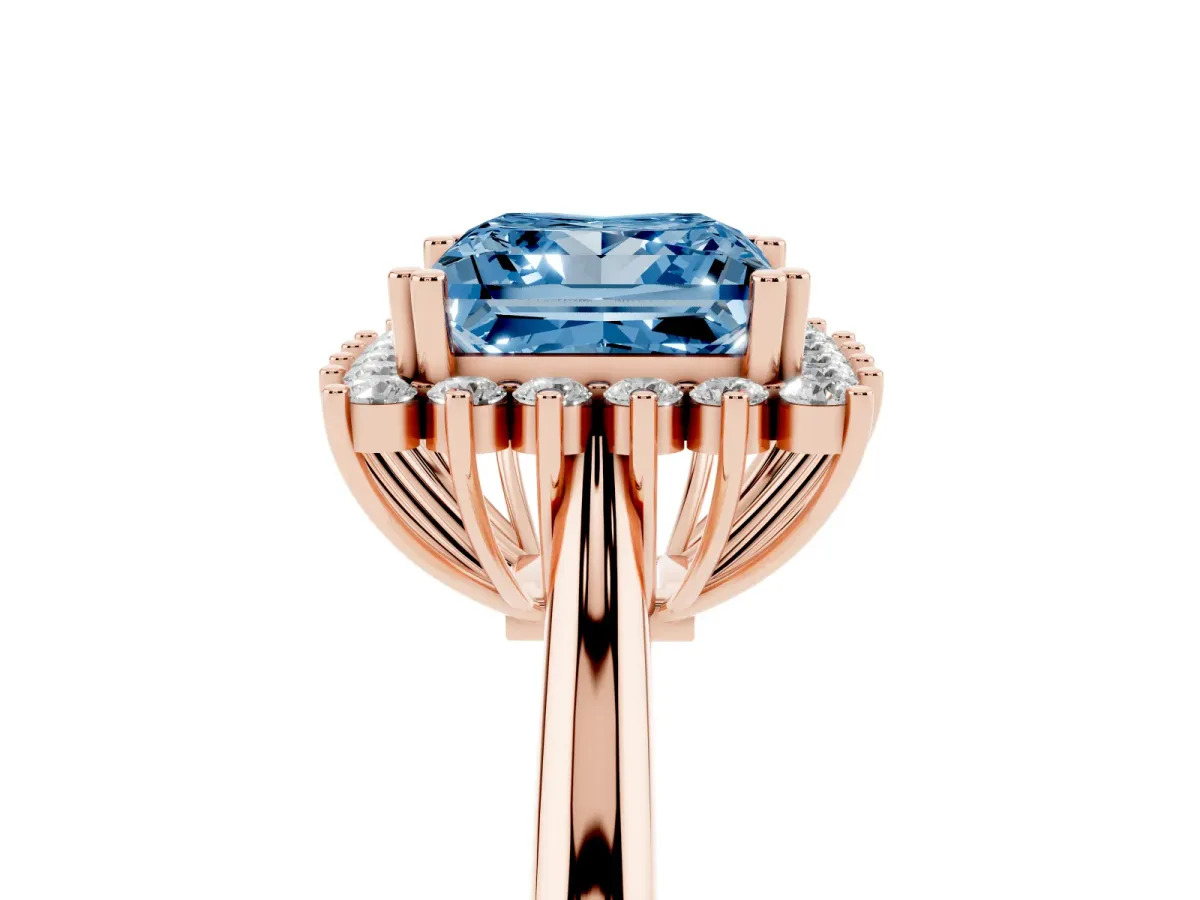 Fancy Blue Princess Cut Cut Diamond Halo Ring with Solitaire Band and Prong Setting Rose gold