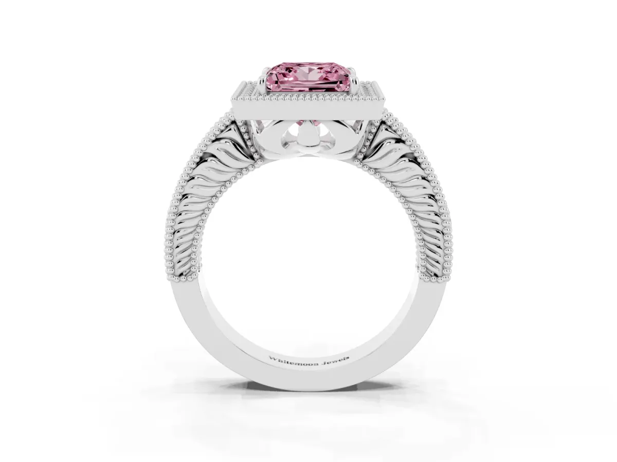 Fancy Pink Princess Cut Cut Halo Diamond Ring with Pavé Band and Four-Prong Setting White gold