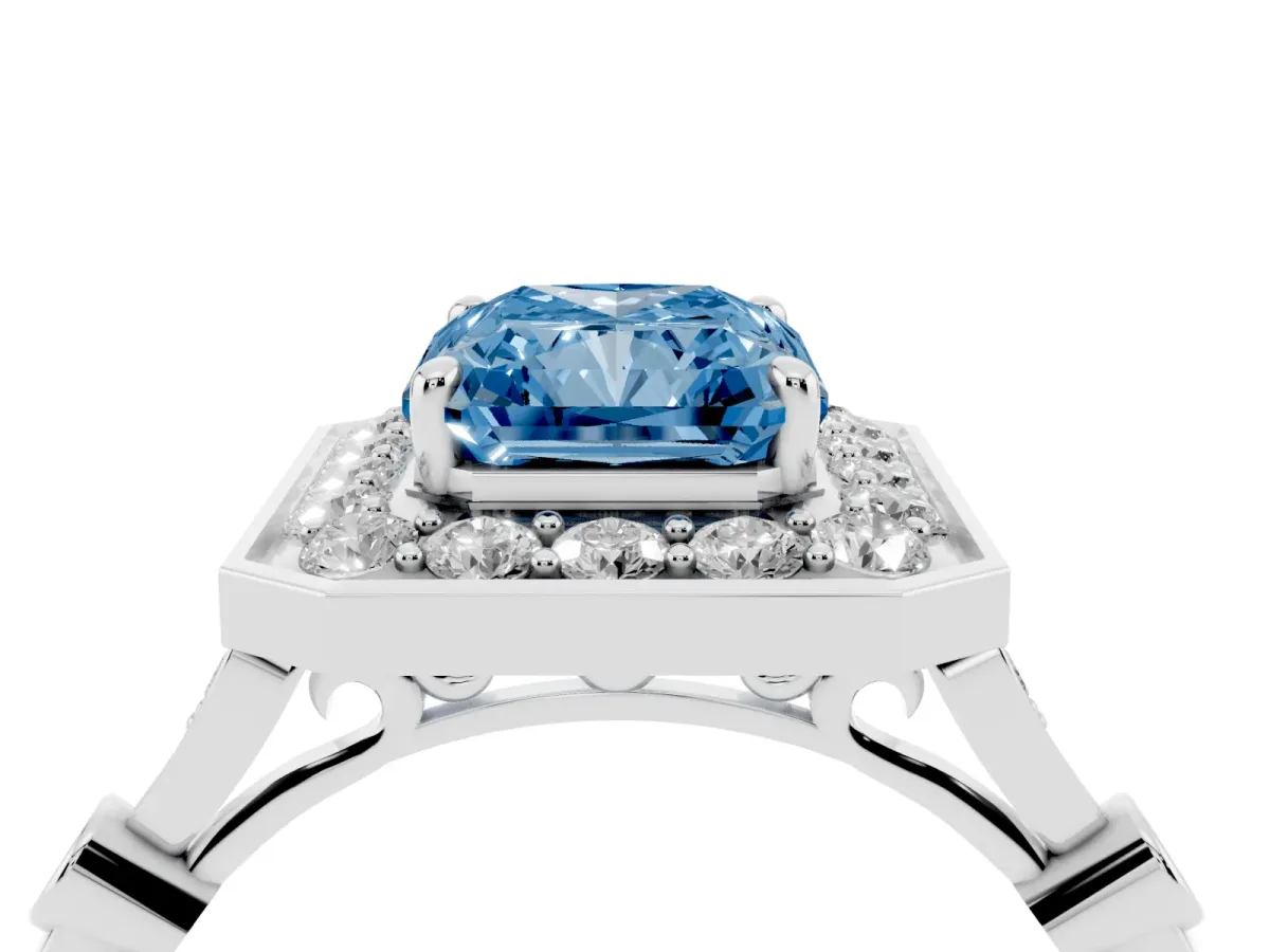 Fancy Blue Radiant Cut Halo Diamond Engagement Ring with Twisted Band and Four-Prong Setting White gold