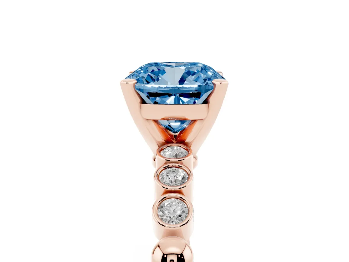 Fancy Blue Cushion Cut Solitaire Bezel Accent Diamond Engagement Ring with Beaded Band and Four-Prong Setting Rose gold