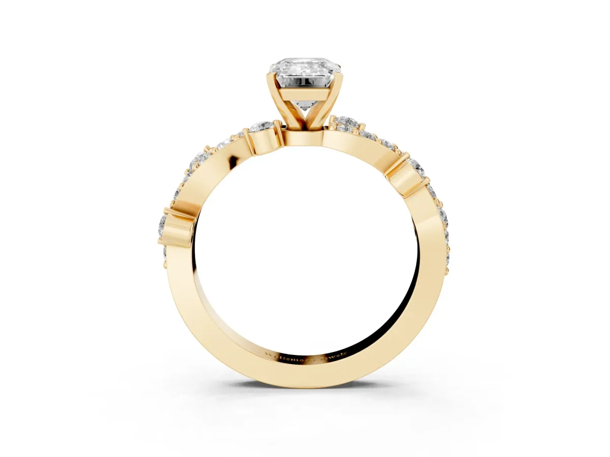 Emerald Cut Cut Solitaire Diamond Twisted Band with Pave Setting Yellow gold