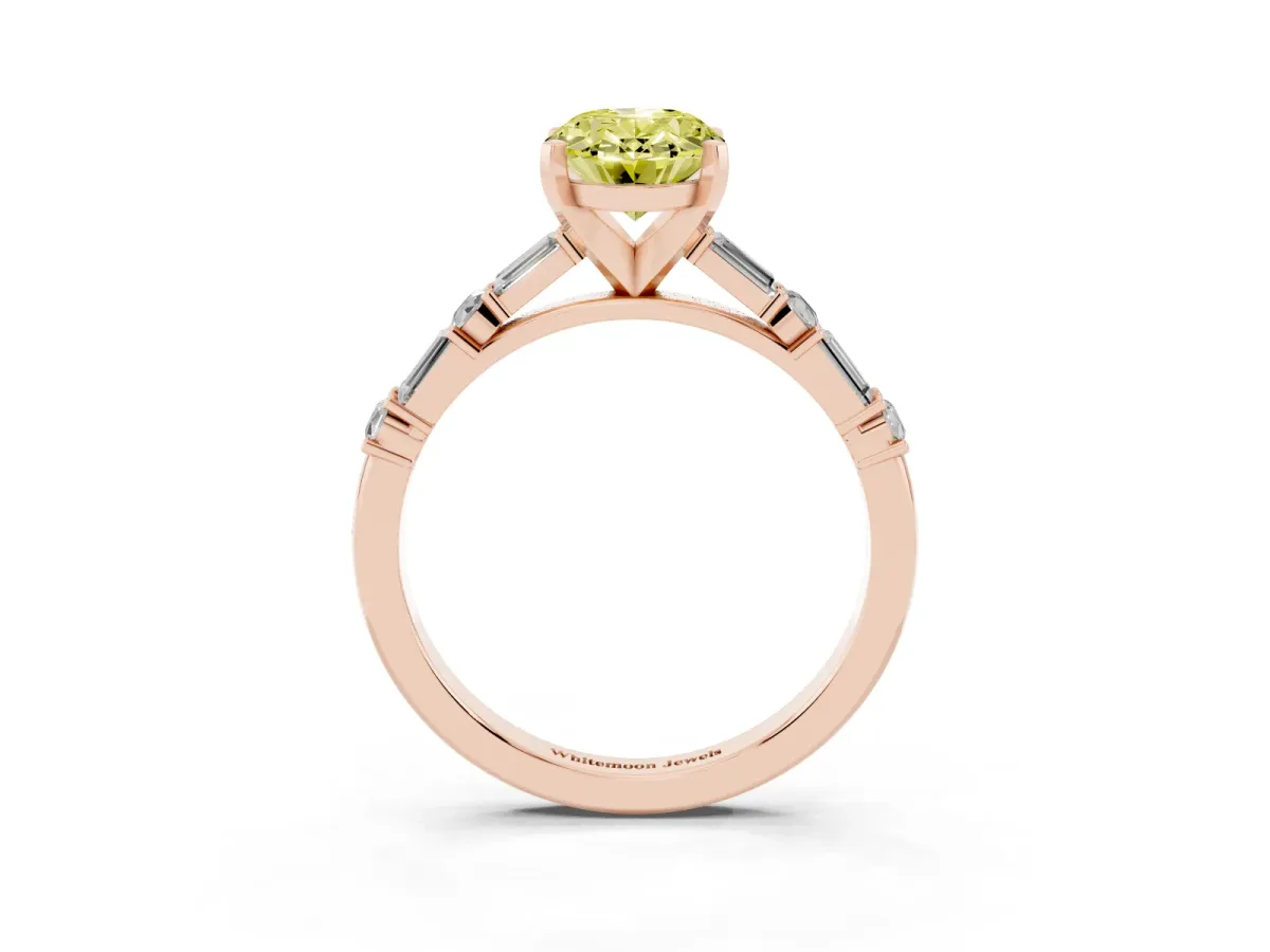 Fancy Yellow Oval Cut Diamond Solitaire with Side Baguettes and Channel Set Band Rose gold