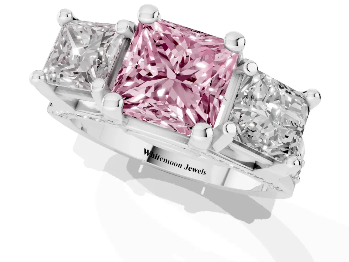 Fancy Pink Princess Cut Diamond Three-Stone Ring with Channel Set Band and Four-Prong Setting Silver