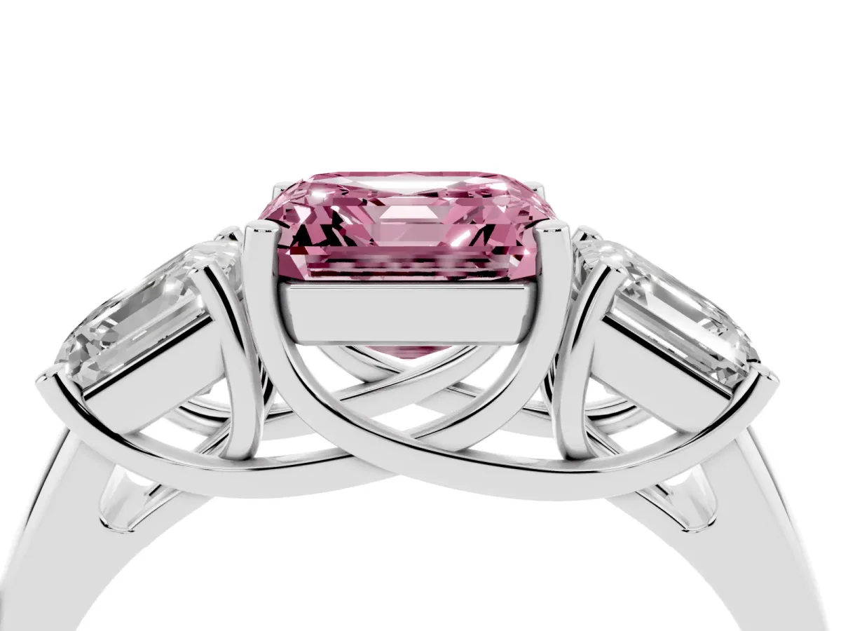 Fancy Pink Three-Stone Asscher Cut Diamond Engagement Ring with Prong Setting Silver