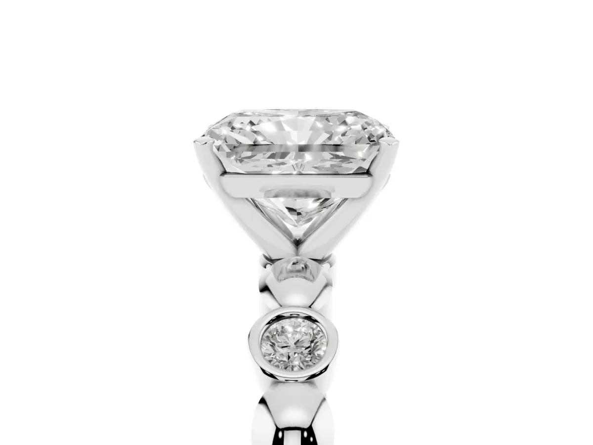 Radiant Cut Solitaire Bezel-Set Diamond Ring with Beaded Band and Four-Prong Setting Silver