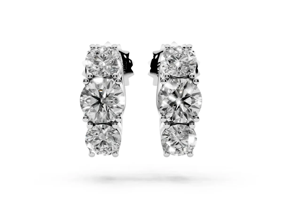 Round Diamond Prong Set Three-Stone White Gold Earrings Silver