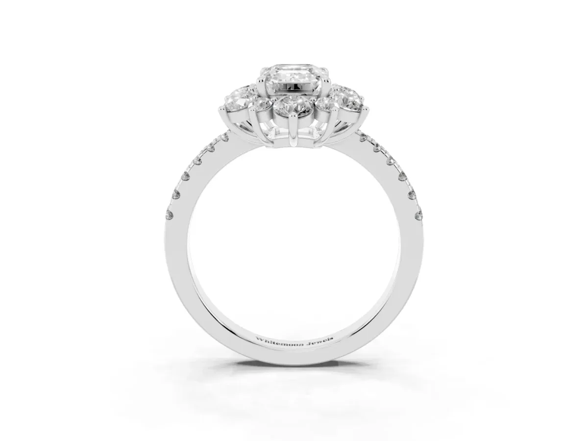 Emerald Cut Diamond Floral Halo Ring with Round Pavé Band and Prong Setting White gold