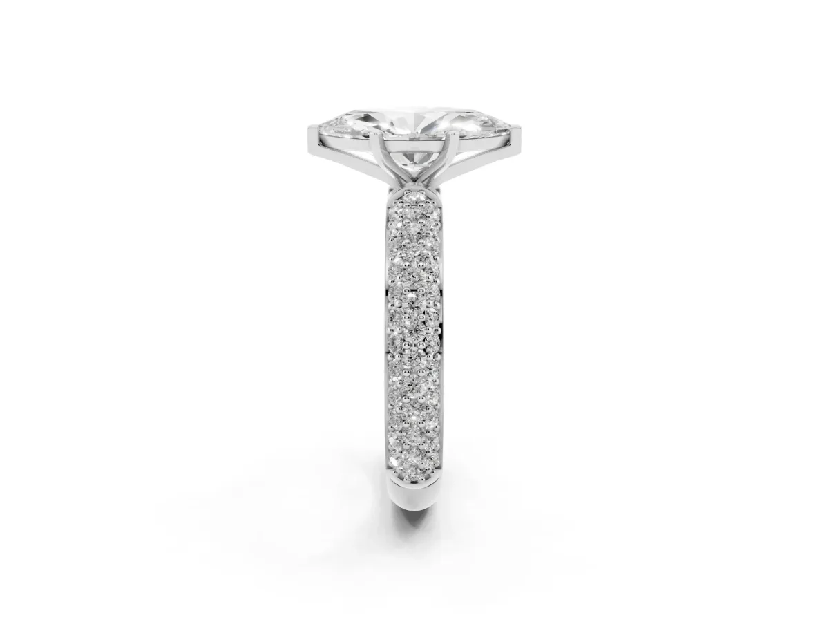 Marquise Cut Diamond Solitaire Ring with Prong Setting and Pavé Band Silver
