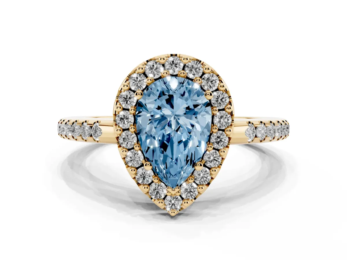 Fancy Blue Pear Cut Diamond Pavé Halo Ring with Four-Prong Setting Yellow gold