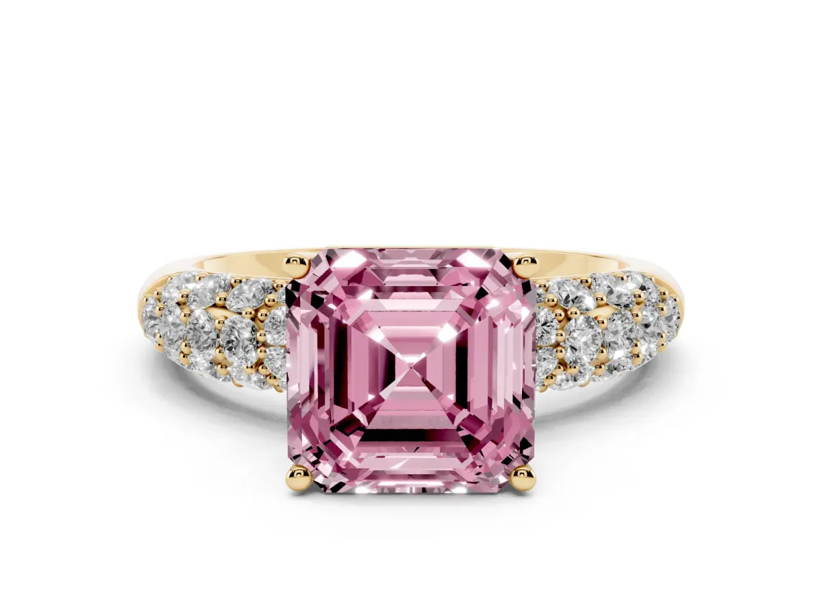 Fancy Pink Asscher Cut Diamond Pavé Band Solitaire Ring with Four-Prong Setting Yellow gold