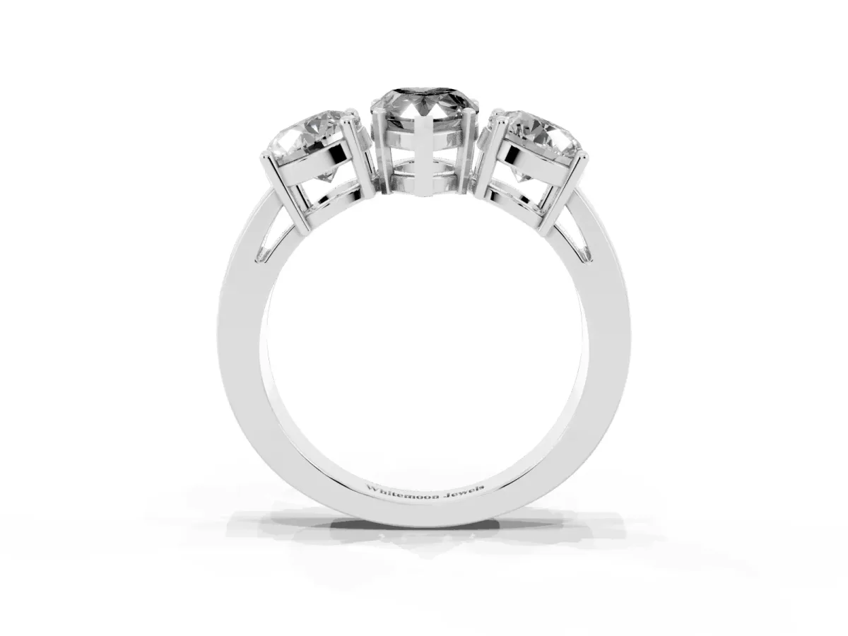 Fancy Black Three-Stone Pear Cut Diamond Ring with Round Side Stones, Classic Band, and Four-Prong Setting Silver