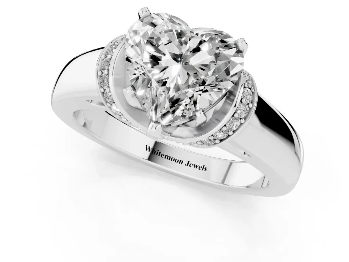 Heart Cut Solitaire Diamond Ring with Pave Band and Six-Prong Setting Silver