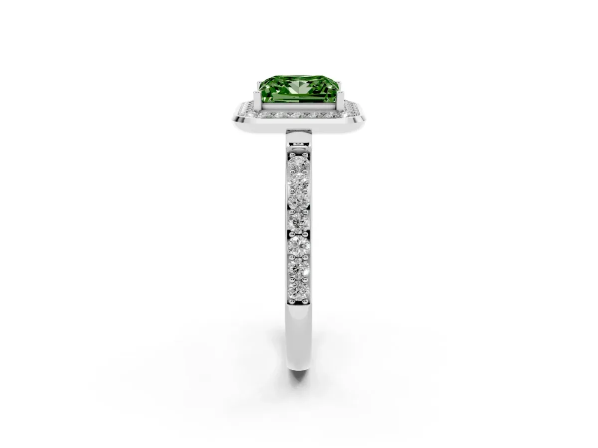 Fancy Green Princess Cut Diamond Halo Ring with Bezel Frame and Pavé Band White gold