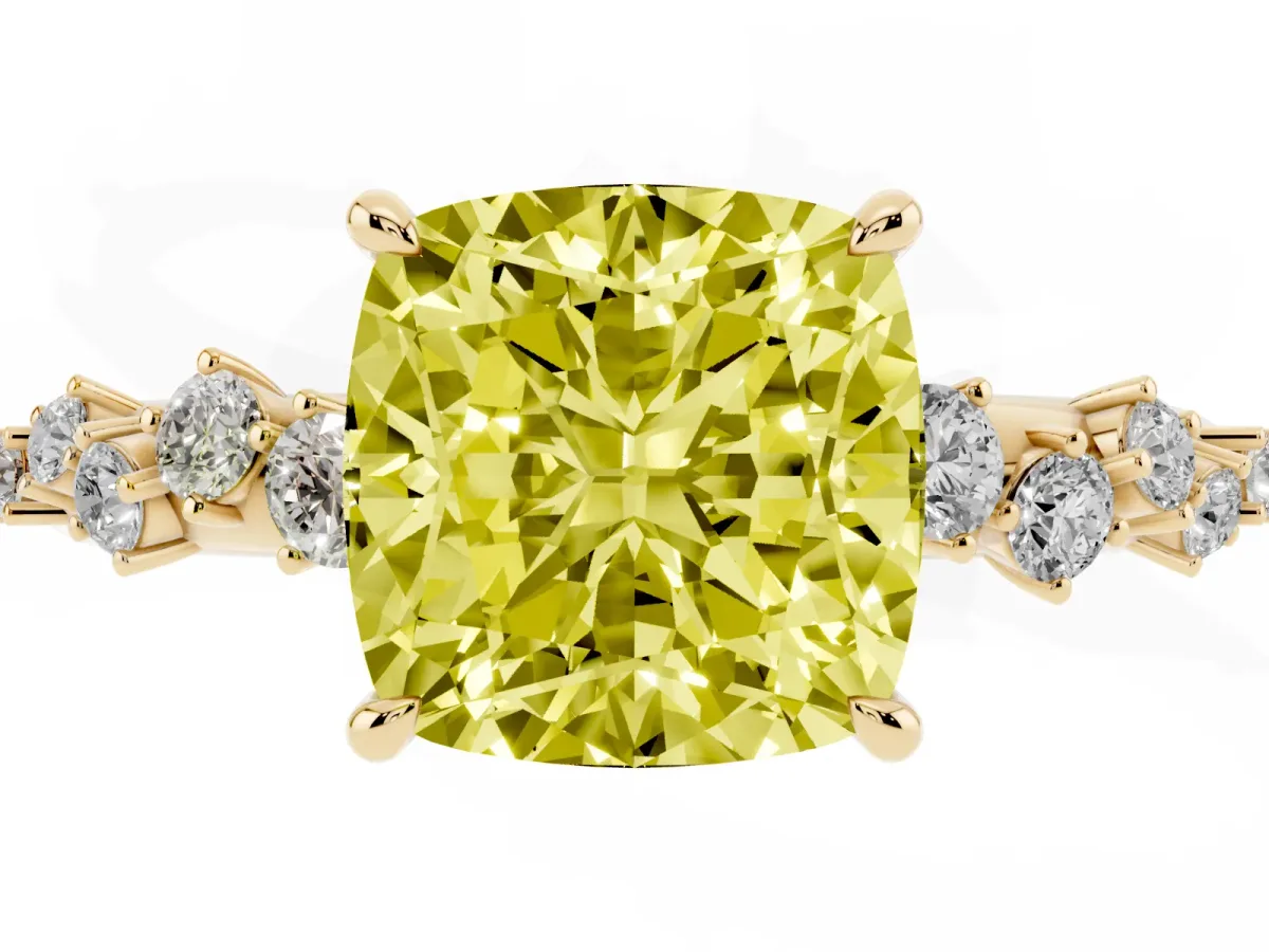 Fancy Yellow Cushion Cut Diamond Cluster Side Stone Solitaire Ring with Prong Setting Yellow gold