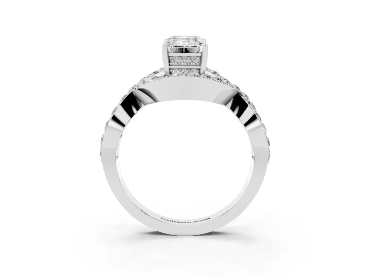 Emerald Cut Solitaire Twist Band Pavé Diamond Engagement Ring Silver