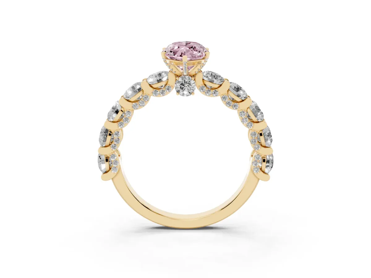 Fancy Pink Marquise Cut Diamond Side Stone Engagement Ring with Four-Prong Setting Yellow gold