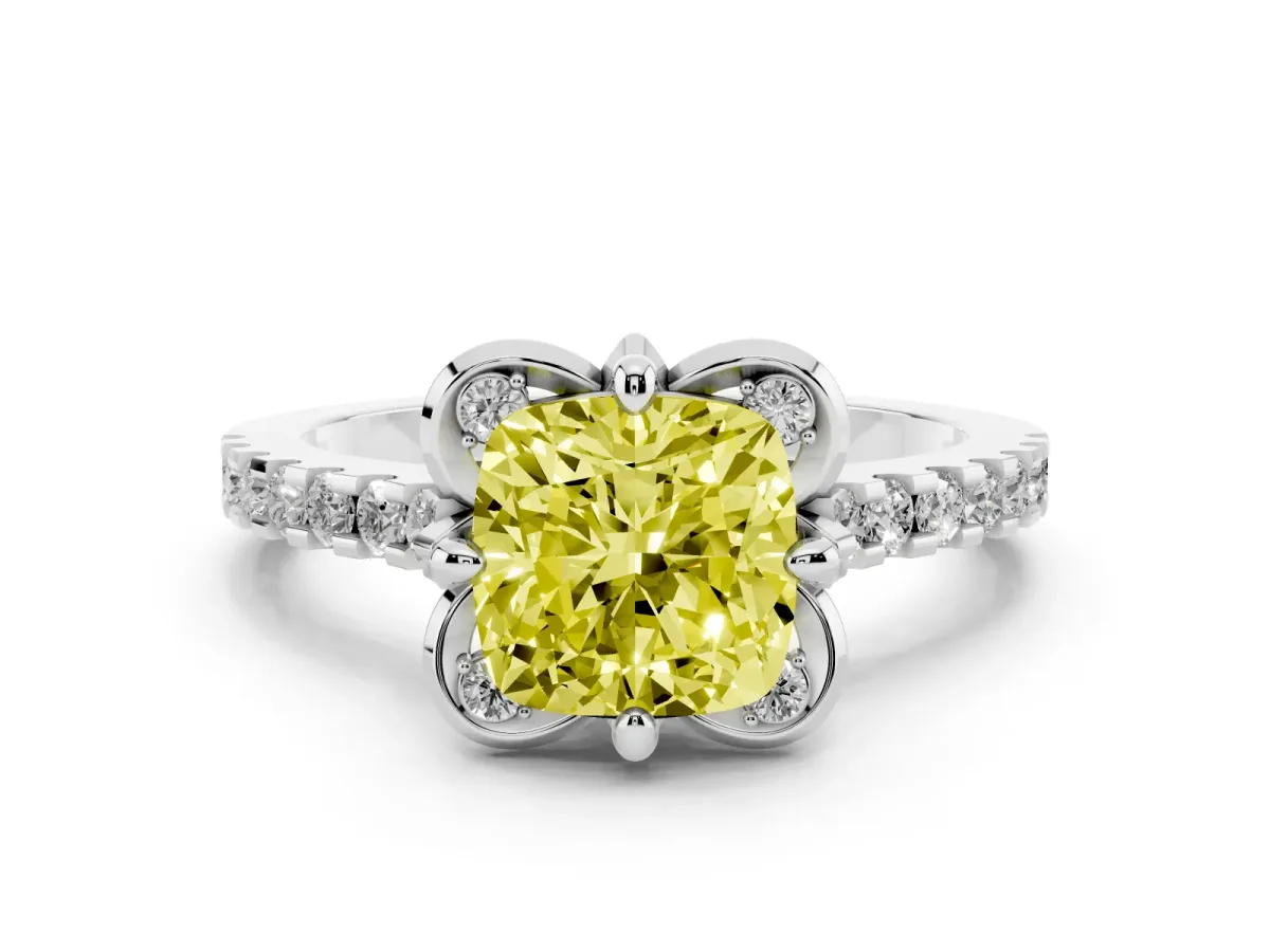 Fancy Yellow Cushion Cut Diamond Ring with Pavé Band and Floral Prong Setting White gold