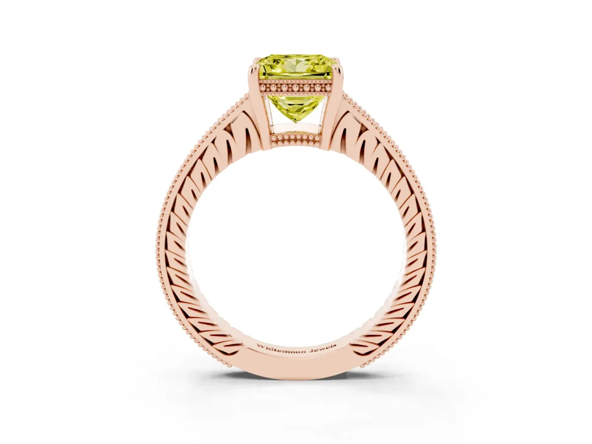 Fancy Yellow Princess Cut Solitaire Pavé Diamond Milgrain Engagement Ring with Four-Prong Setting Rose gold