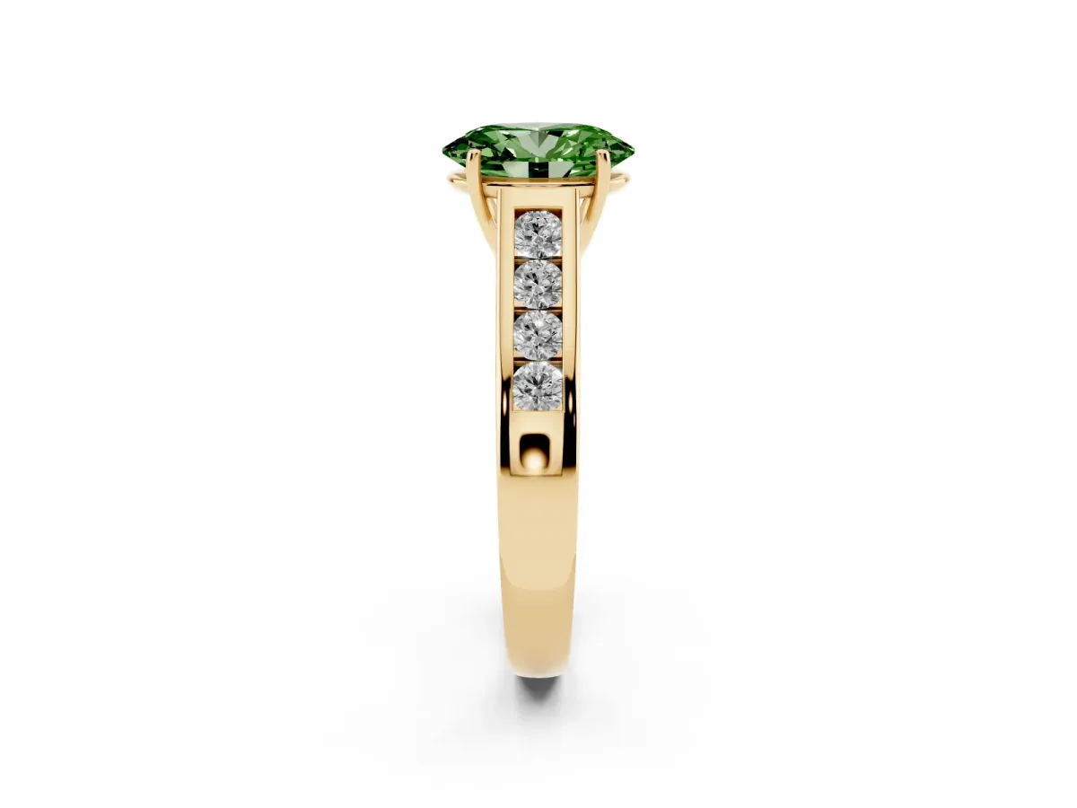 Fancy Green Oval Cut Brilliant Channel-Set Solitaire Ring with Four-Prong Setting Yellow gold