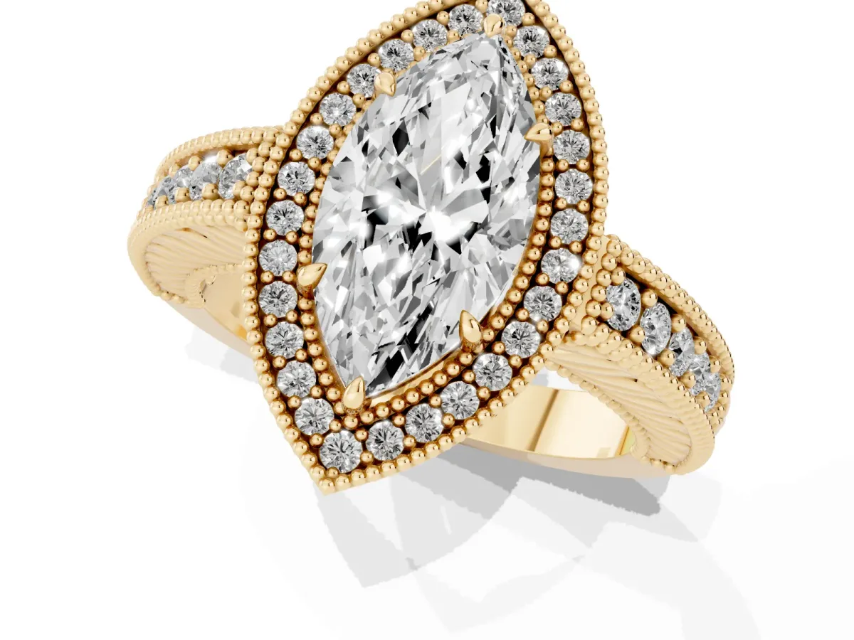 Marquise Cut Cut Halo Diamond Ring with Pavé Band and Four-Prong Setting Yellow gold