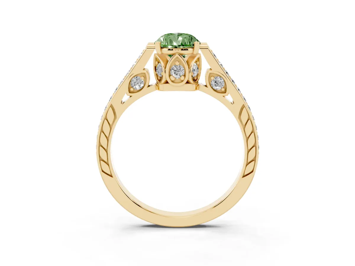 Fancy Green Pear Cut Cut Cathedral Pave Diamond Engagement Ring with Six-Prong Setting Yellow gold