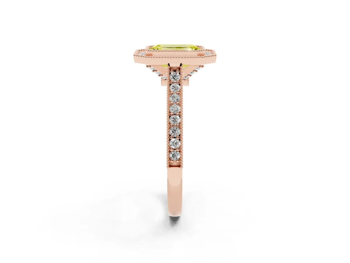 Fancy Yellow Halo Emerald Cut-Cut Diamond Pave Band Milgrain Prong Setting Ring Rose gold