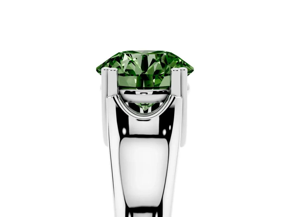 Fancy Green Round Cut Diamond Solitaire Ring with Wide Band and Prong Setting Silver