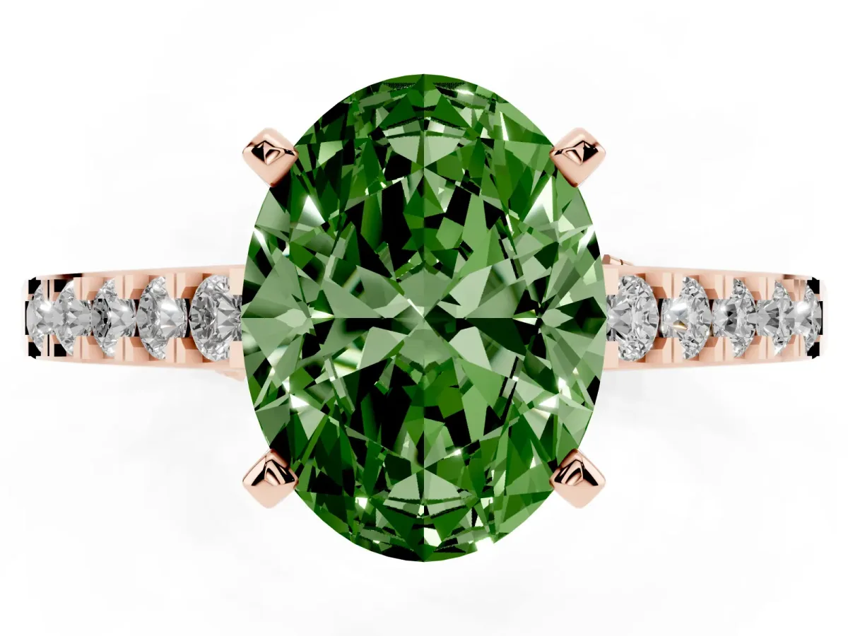 Fancy Green Oval Cut Diamond Solitaire Ring with Crossover Gallery and Round Pavé Band Rose gold