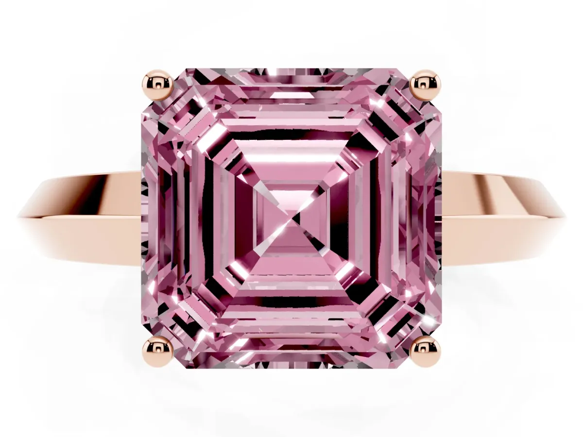 Fancy Pink Asscher Cut Cut Solitaire Engagement Ring with Flat Band and Four-Prong Setting Rose gold