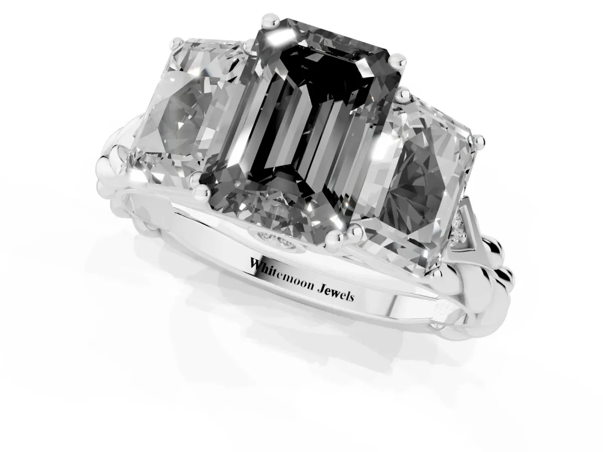 Fancy Black Three-Stone Emerald Cut Diamond Braided Band Ring with Four-Prong Setting Platinum