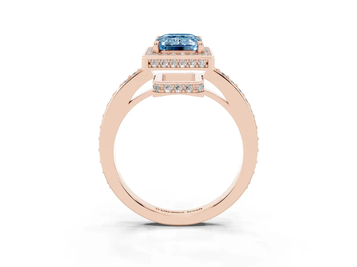 Fancy Blue Emerald Cut Halo Pave Band Solitaire Ring with Prong Setting Rose gold