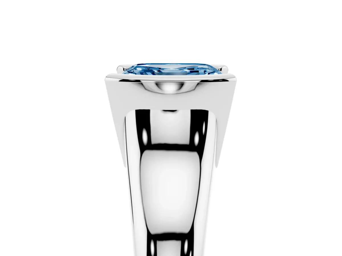 Fancy Blue Asscher Cut Solitaire Tension Set Diamond Ring with Split Shank Band Silver