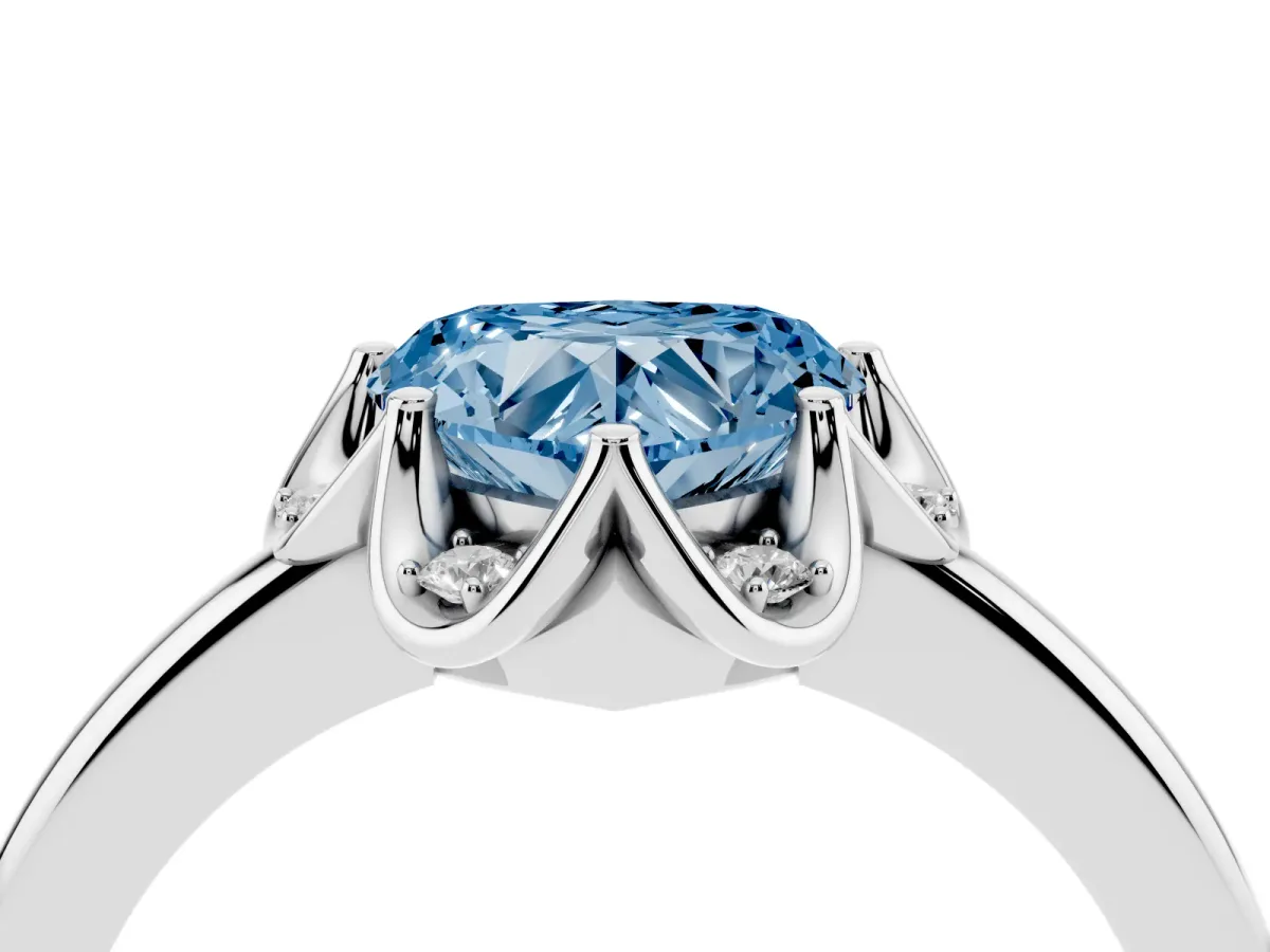 Fancy Blue Heart Cut Halo Diamond Ring with Round Cluster Setting, Solitaire Band, and Four-Prong Setting Platinum