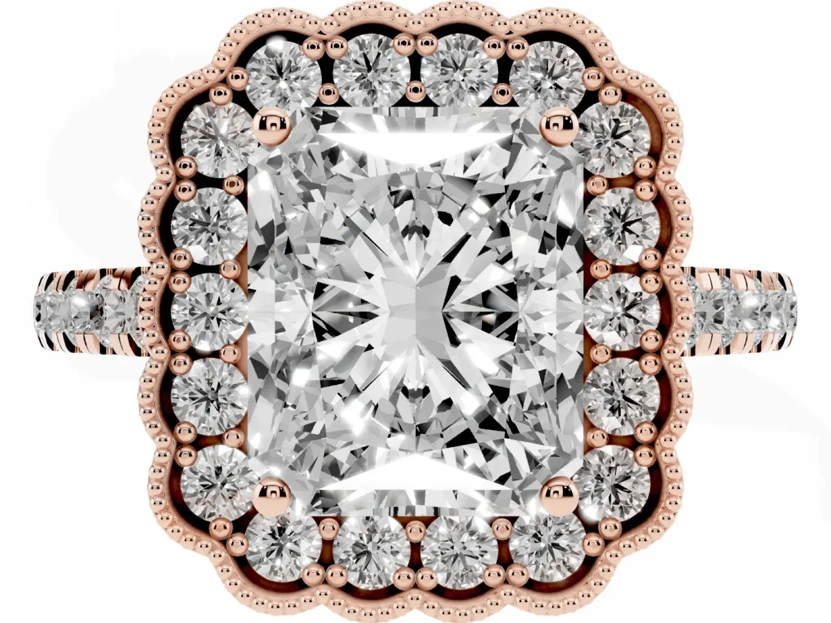 Radiant Cut Cut Diamond Milgrain Floral Halo Engagement Ring with Pavé Band Rose gold