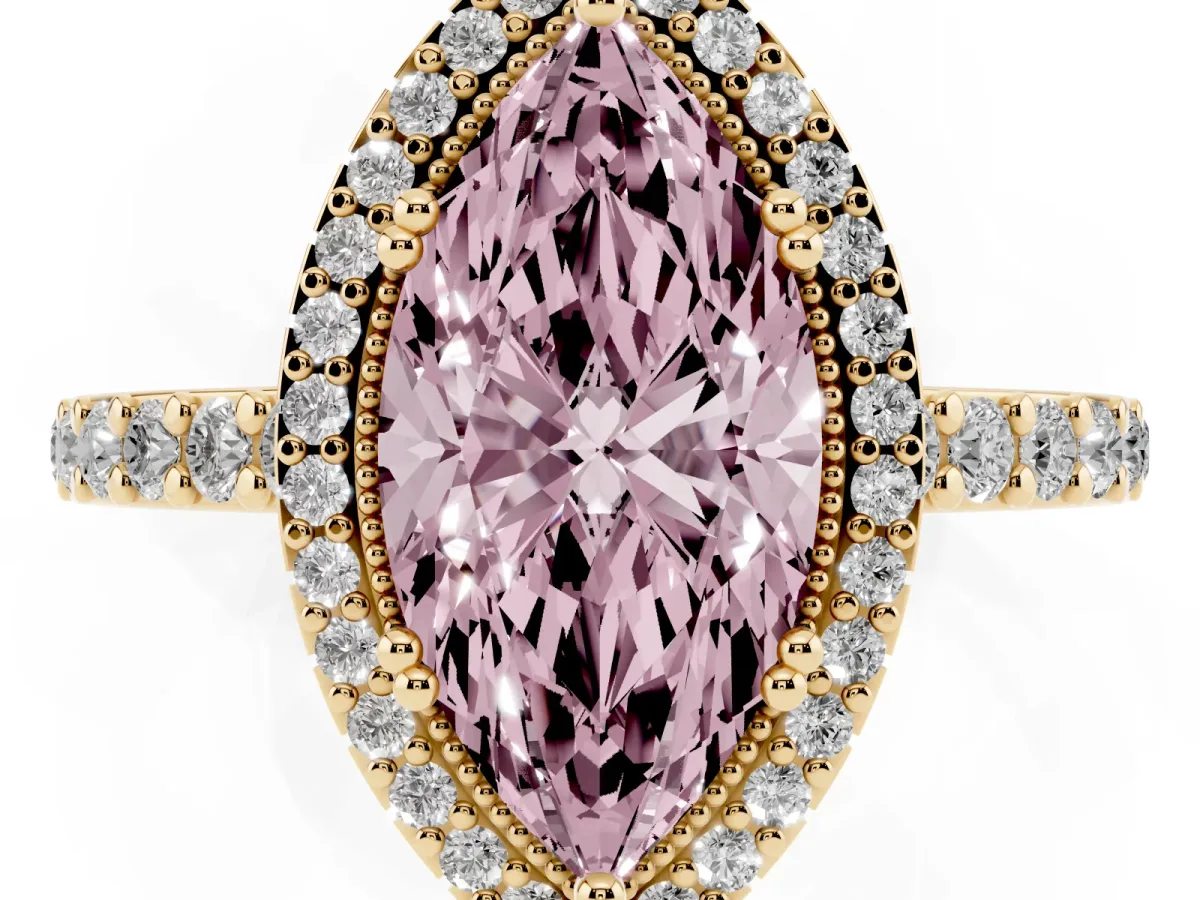 Fancy Pink Marquise Cut Cut Diamond Halo Engagement Ring with Milgrain Detail and Pavé Band Yellow gold