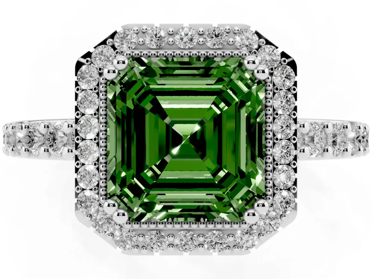 Fancy Green Asscher Cut Cut Diamond Halo Engagement Ring with Milgrain Detail and Pavé Band Platinum