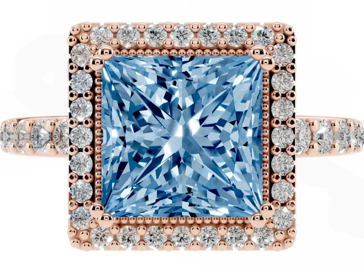 Fancy Blue Princess Cut Cut Diamond Halo Engagement Ring with Milgrain Detail and Pavé Band Rose gold