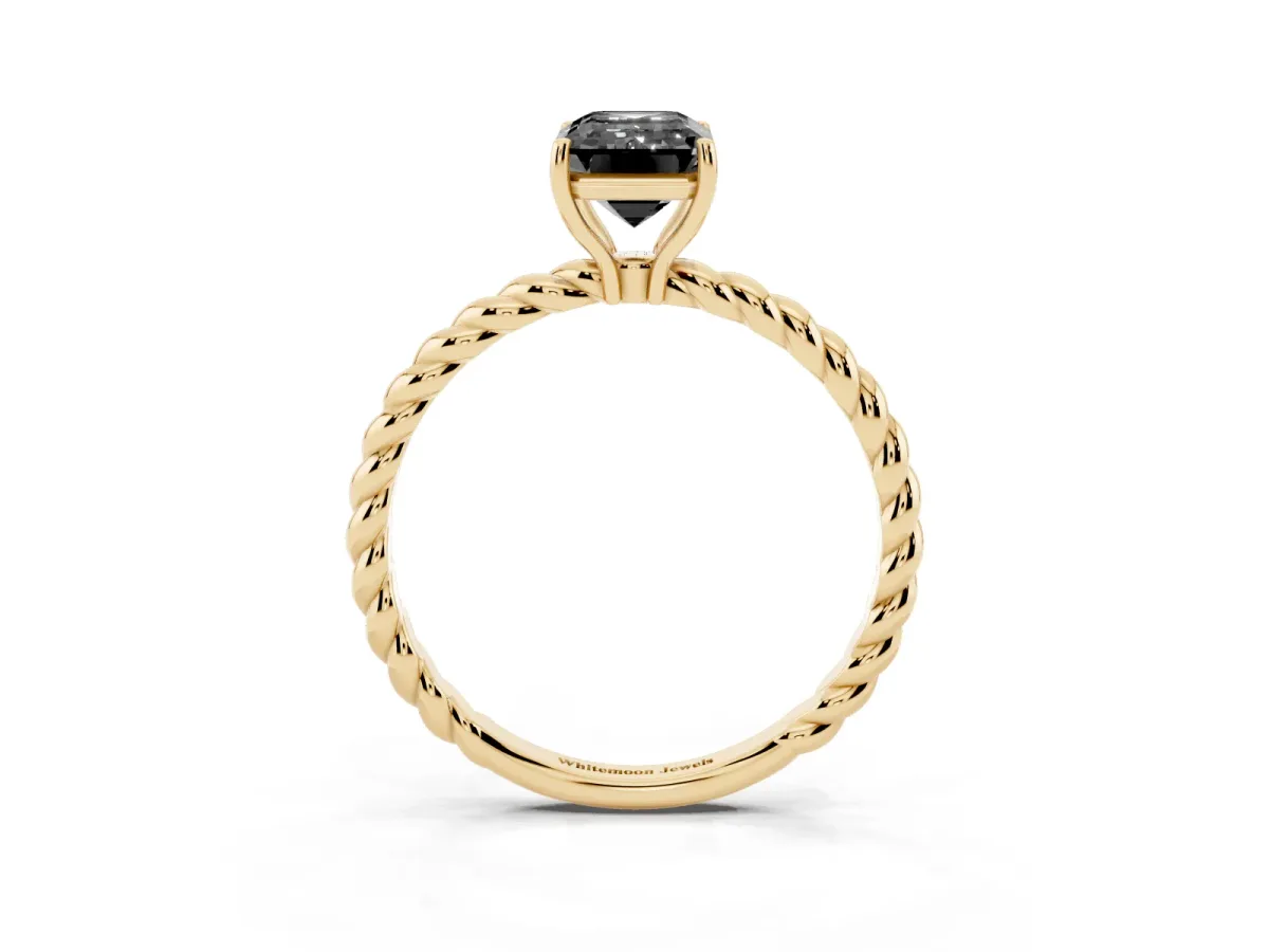 Fancy Black Emerald Cut Solitaire Twisted Band 4-Prong Ring Yellow gold