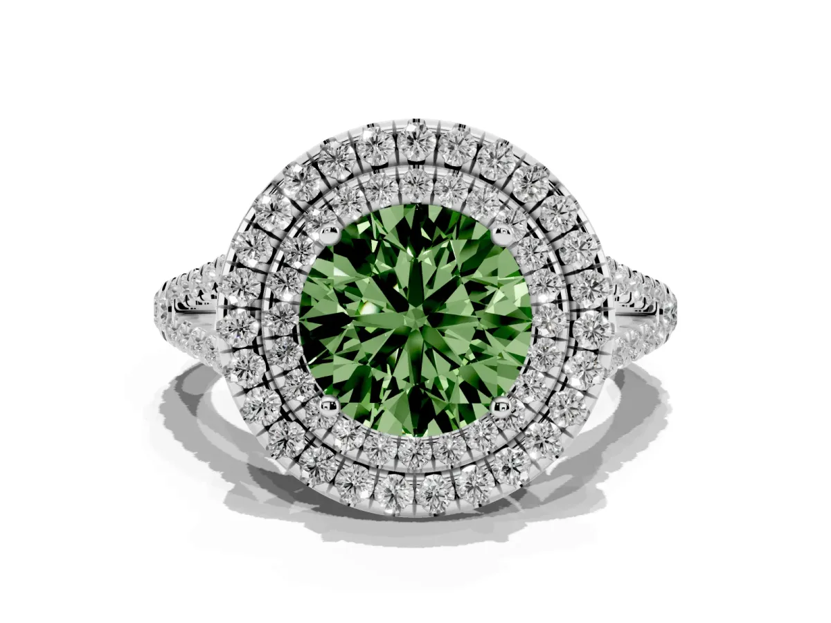 Fancy Green Round Cut Diamond Double Halo Ring with Pavé Band and Prong Setting Platinum