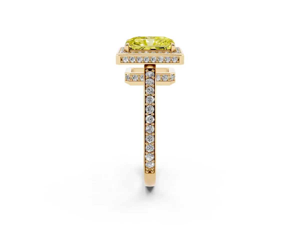 Fancy Yellow Radiant Cut Halo Pave Band Solitaire Ring with Prong Setting Yellow gold
