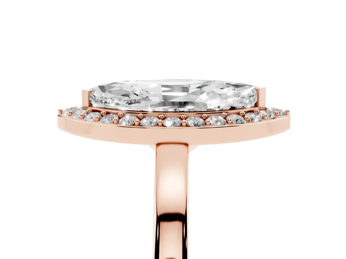 Marquise Cut Halo Diamond Ring with Solitaire Band and Prong Setting Rose gold
