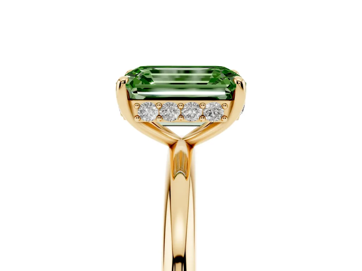 Fancy Green Emerald Cut Solitaire Diamond Ring with a Classic Band and Four-Prong Setting Yellow gold