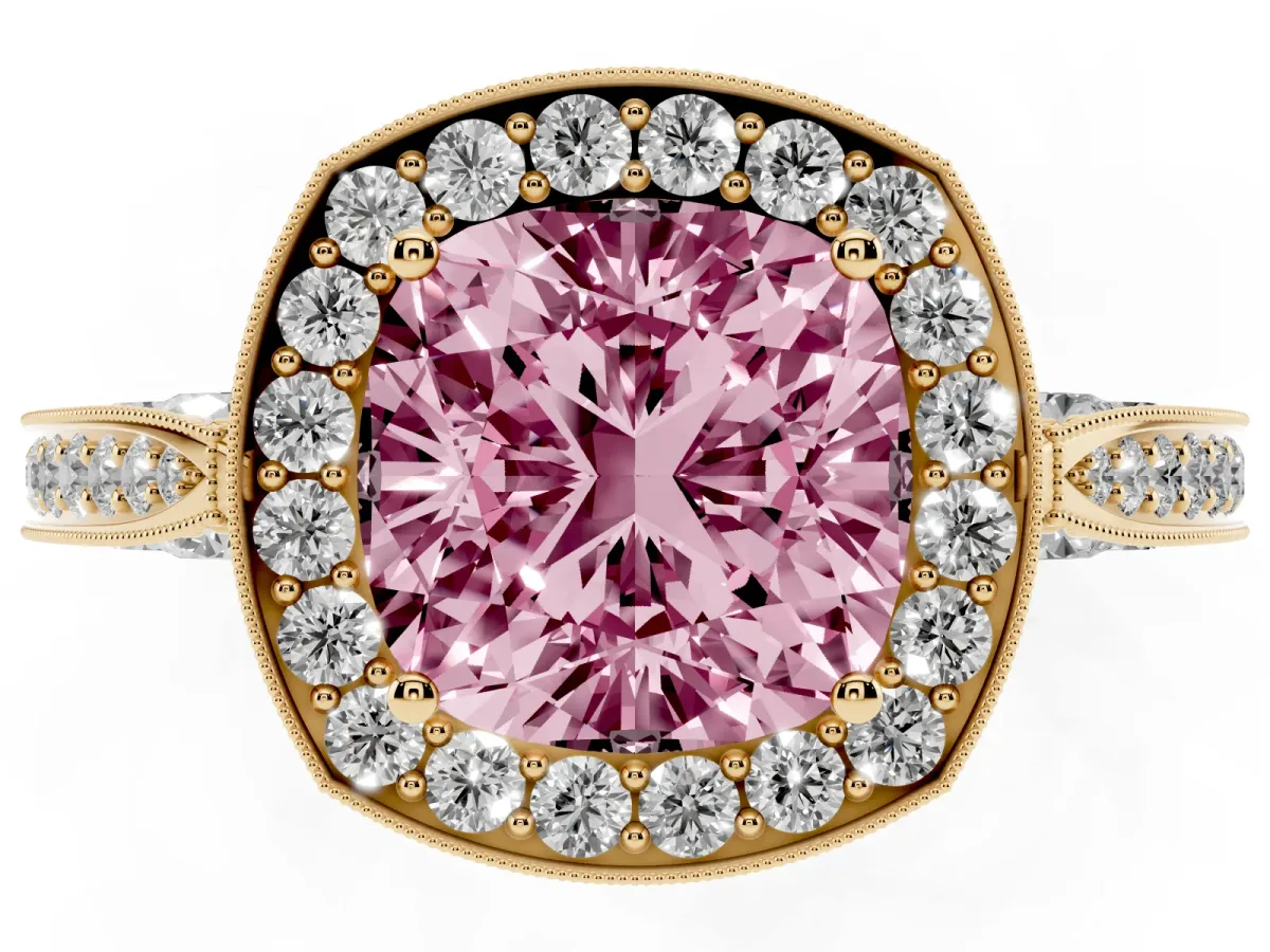 Fancy Pink Cushion Cut Halo Diamond Engagement Ring with Split Shank Band and Four-Prong Setting Yellow gold