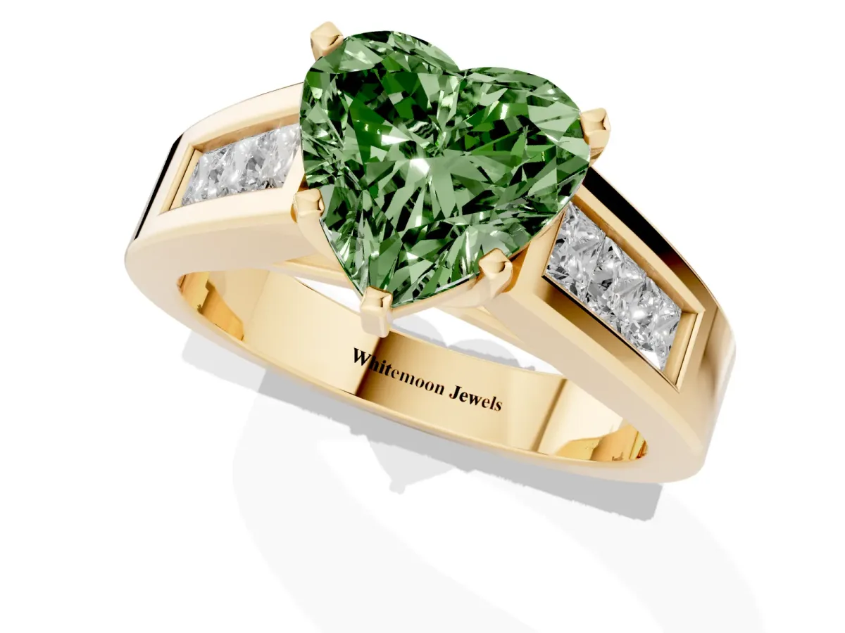 Fancy Green Heart Cut Cut Channel Set Solitaire Ring with Four-Prong Setting Yellow gold