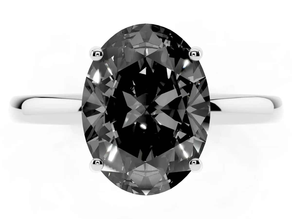 Fancy Black Oval Cut Solitaire Diamond Ring with Prong Setting and Plain Band Silver