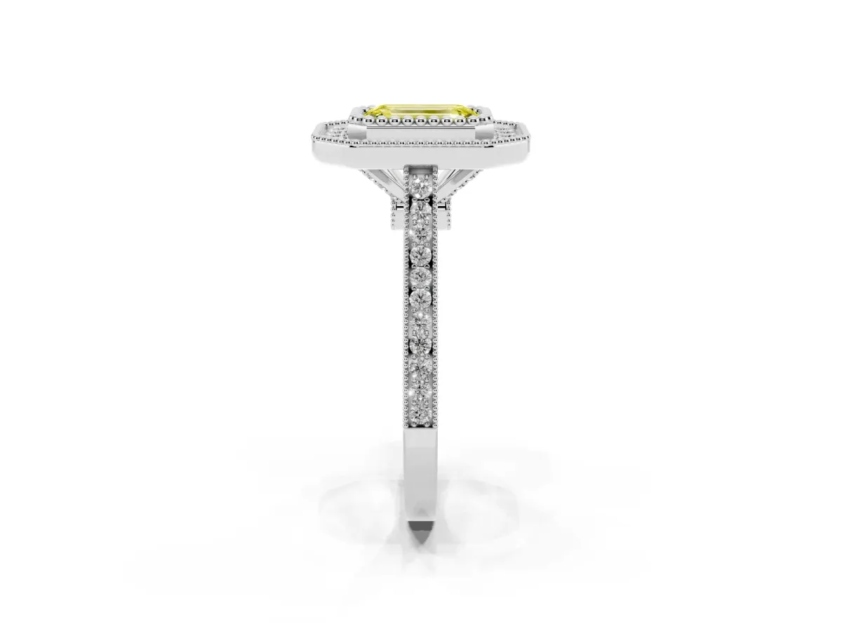 Fancy Yellow Emerald Cut Diamond Halo Ring with Milgrain Frame and Pavé Band Platinum